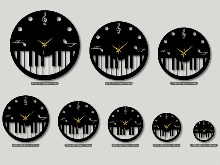 Strong light creates deep shadows around the varied sizes of these black Music Theme Metal Wall Clocks, perfect decoration wall art.
