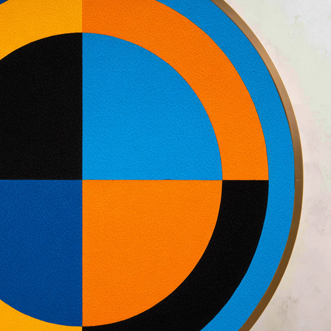 Bold Geometry in Blue and Orange – Modern Abstract Round Oil Painting