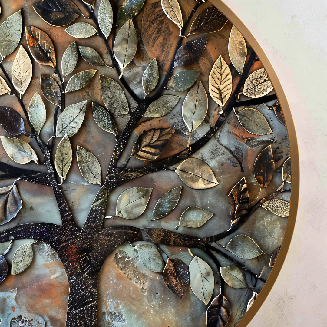Rustic Harmony – Albero con foglie in metallo strutturato Quadro a Olio