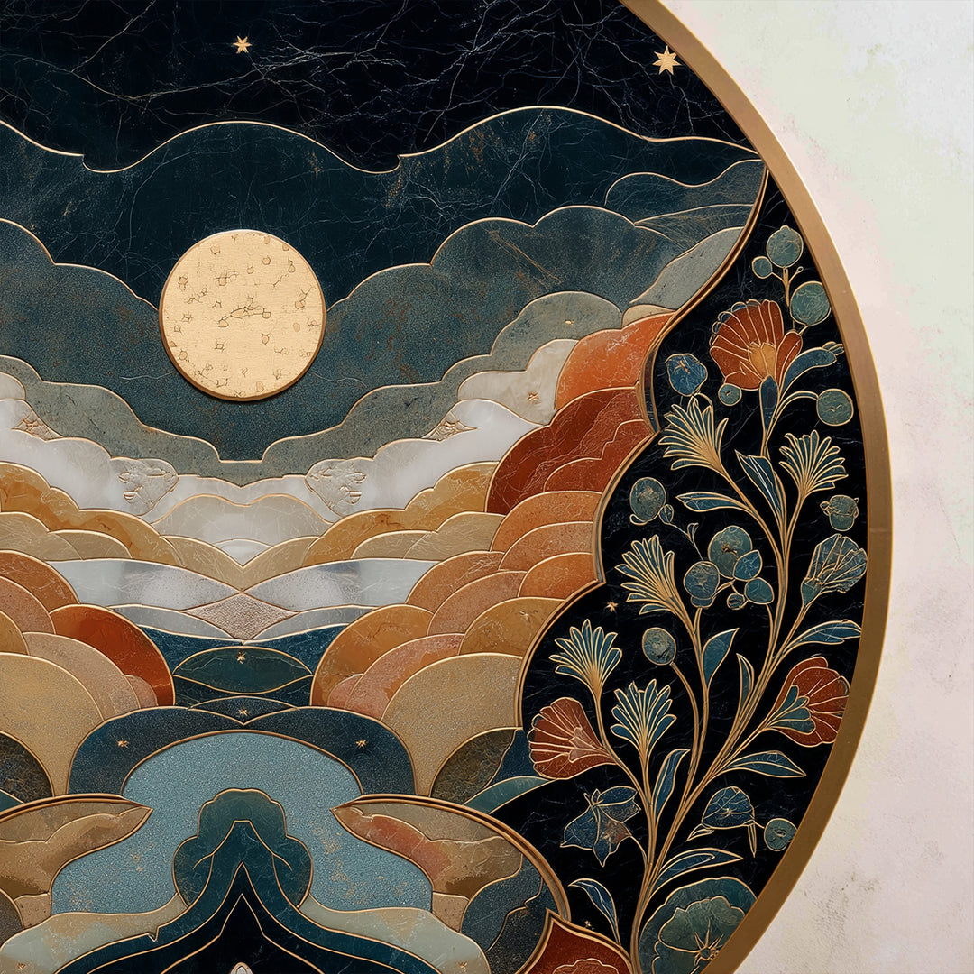 Valle Celestial – Paisaje redondo iluminado por la luna Cuadro al óleo sobre madera