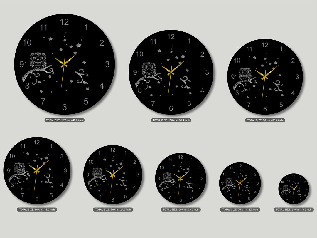 The sleek matte finish highlights the detailed unique metal wall art owl night wall clock with its captivating starry sky design.