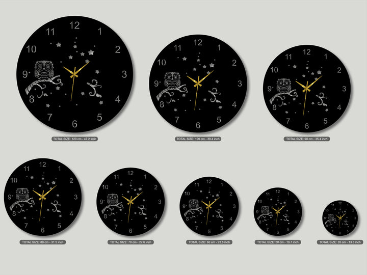 The sleek matte finish highlights the detailed unique metal wall art owl night wall clock with its captivating starry sky design.