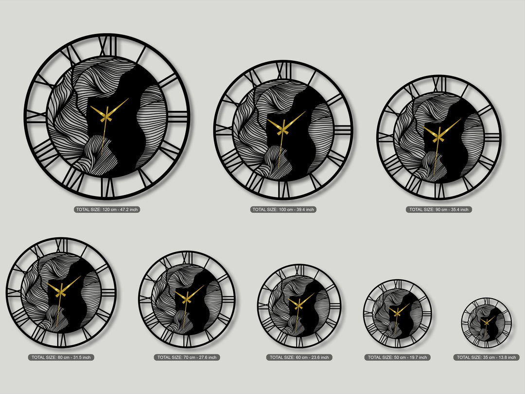 The brightest area showcases the pale grey background highlighting several abstract wave Roman numeral metal wall clock decoration wall art pieces.