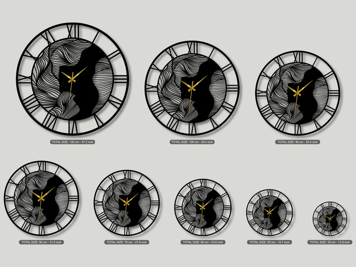 The brightest area showcases the pale grey background highlighting several abstract wave Roman numeral metal wall clock decoration wall art pieces.