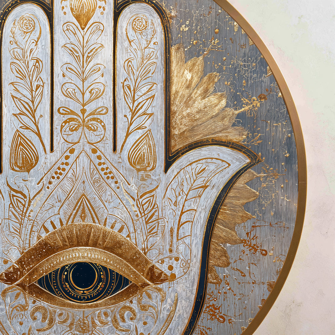 Œil de Hamsa sacré–Rond en bois orné Tableau Peinture à l’huile Art mural