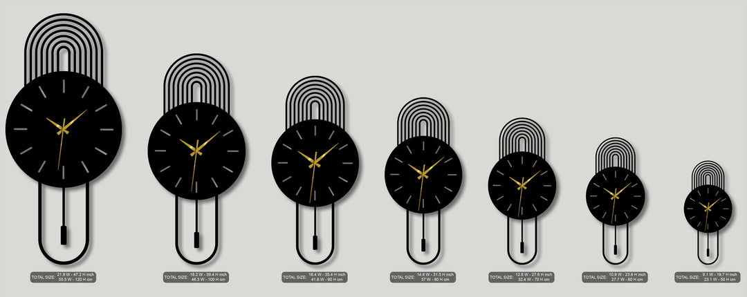 A series of modern arc metal wall clocks features a neutral color temperature, with sleek black and metallic gold, perfect for metal wall decor.