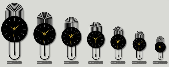 A series of modern arc metal wall clocks features a neutral color temperature, with sleek black and metallic gold, perfect for metal wall decor.