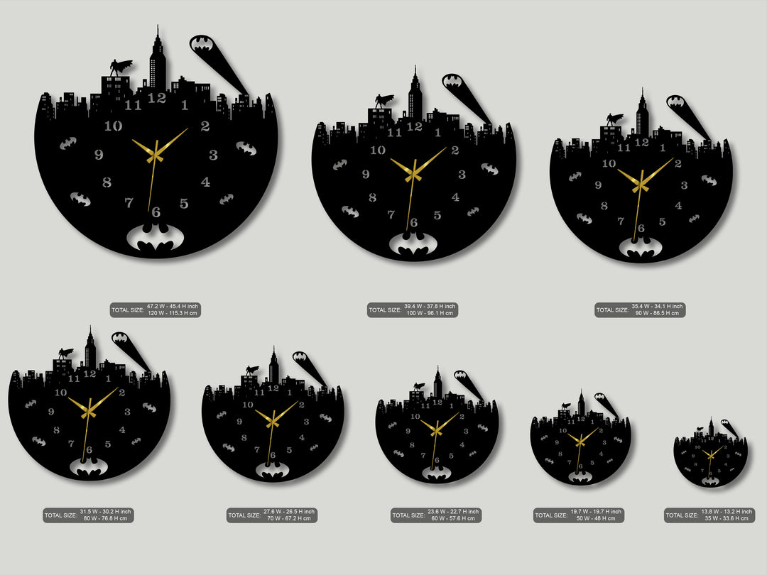 The sleek, matte black surface texture of these precision-cut metal wall decor clocks captures a dramatic urban skyline with Dark City hero details.