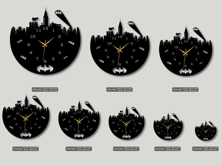The sleek, matte black surface texture of these precision-cut metal wall decor clocks captures a dramatic urban skyline with Dark City hero details.