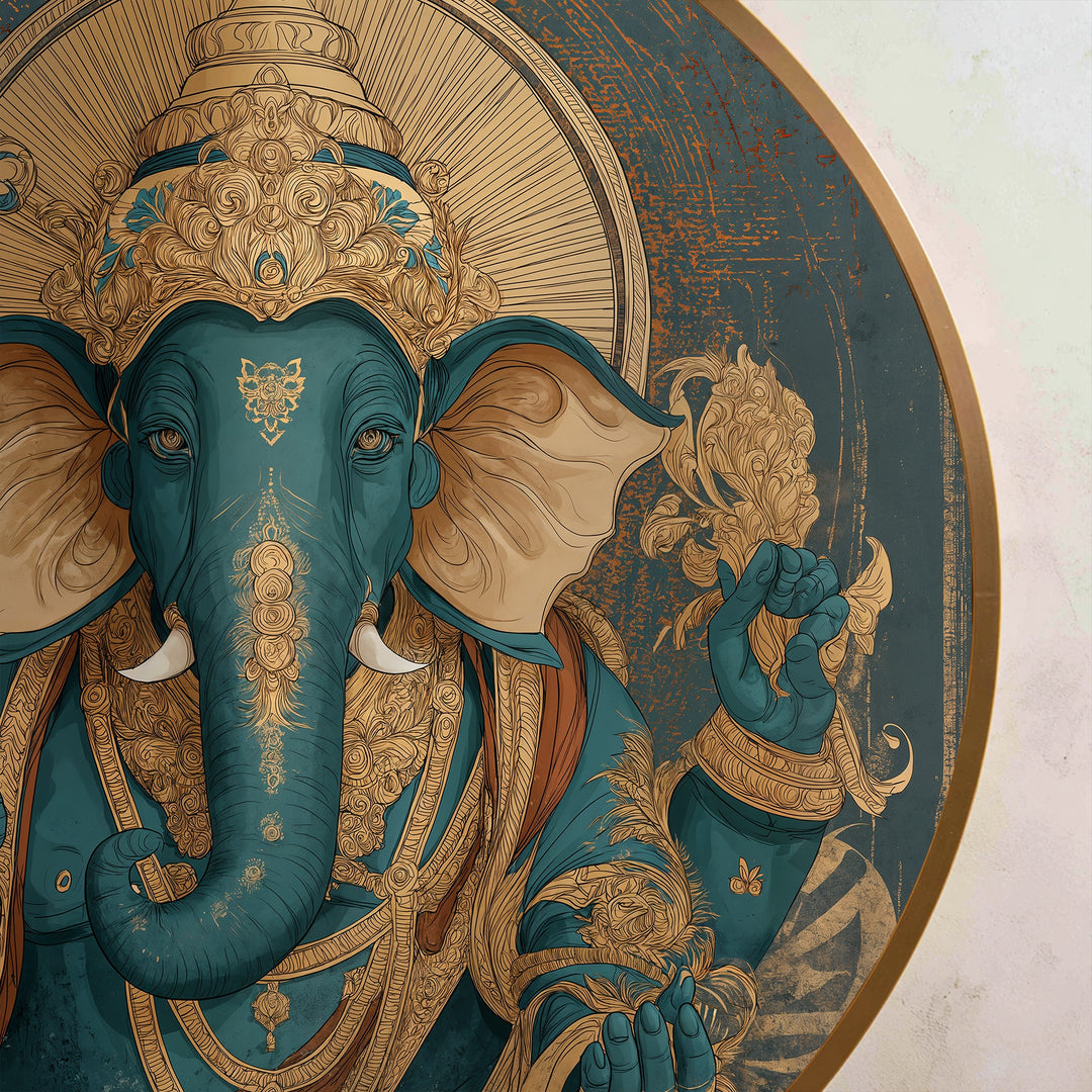 Turquoise Majesty – Royal Ganesha Round Oil Painting