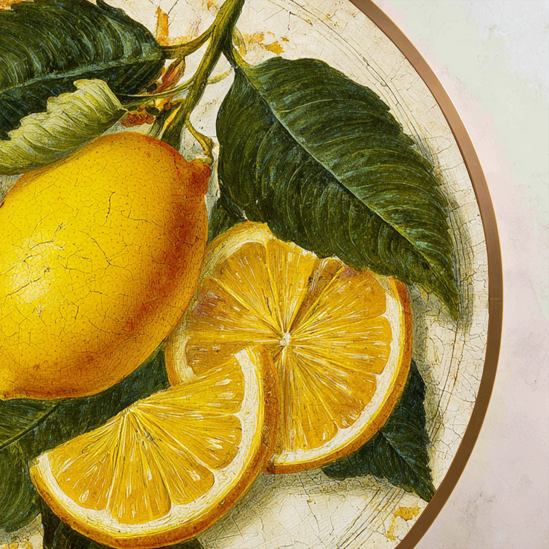 Rustic Lemon Still Life – Vintage Citrus Round Oil Painting