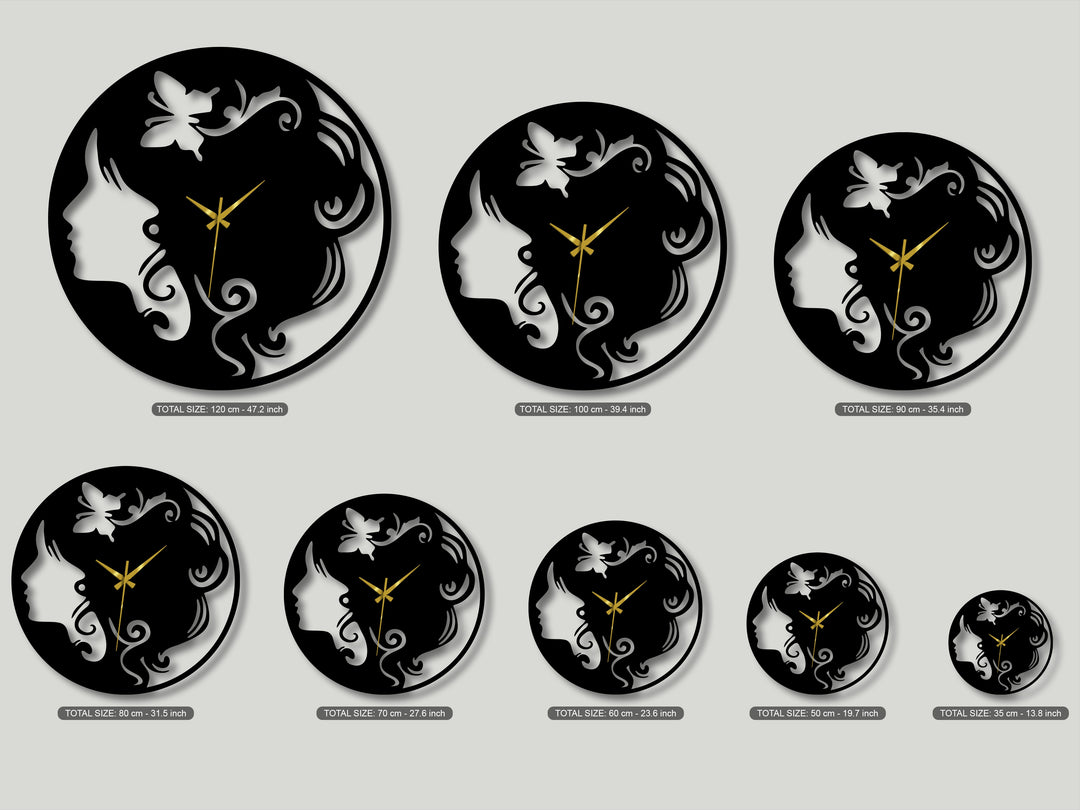 Abstract metal wall decor highlights a stylized woman's silhouette with a butterfly, forming decorative wall clocks of varied sizes.