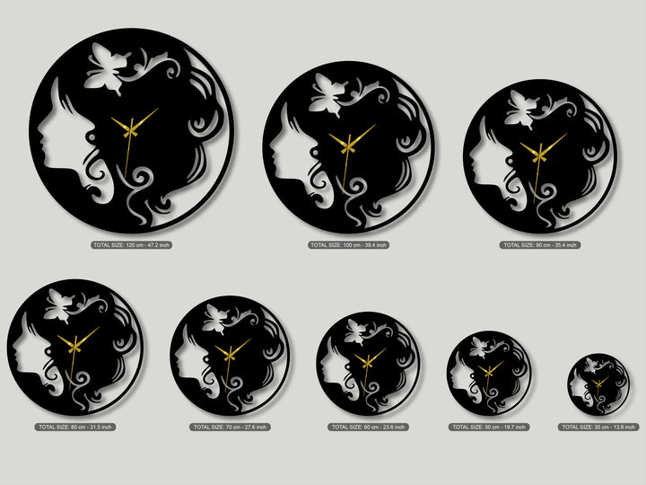Abstract metal wall decor highlights a stylized woman's silhouette with a butterfly, forming decorative wall clocks of varied sizes.