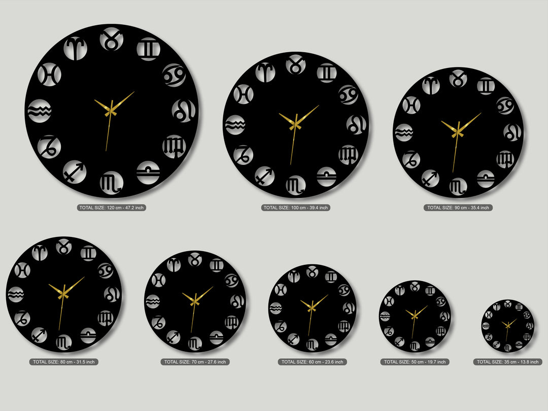 The stark black of the unique metal wall art zodiac clocks dramatically contrasts with the bright gold hands and light grey background in this astrology design.