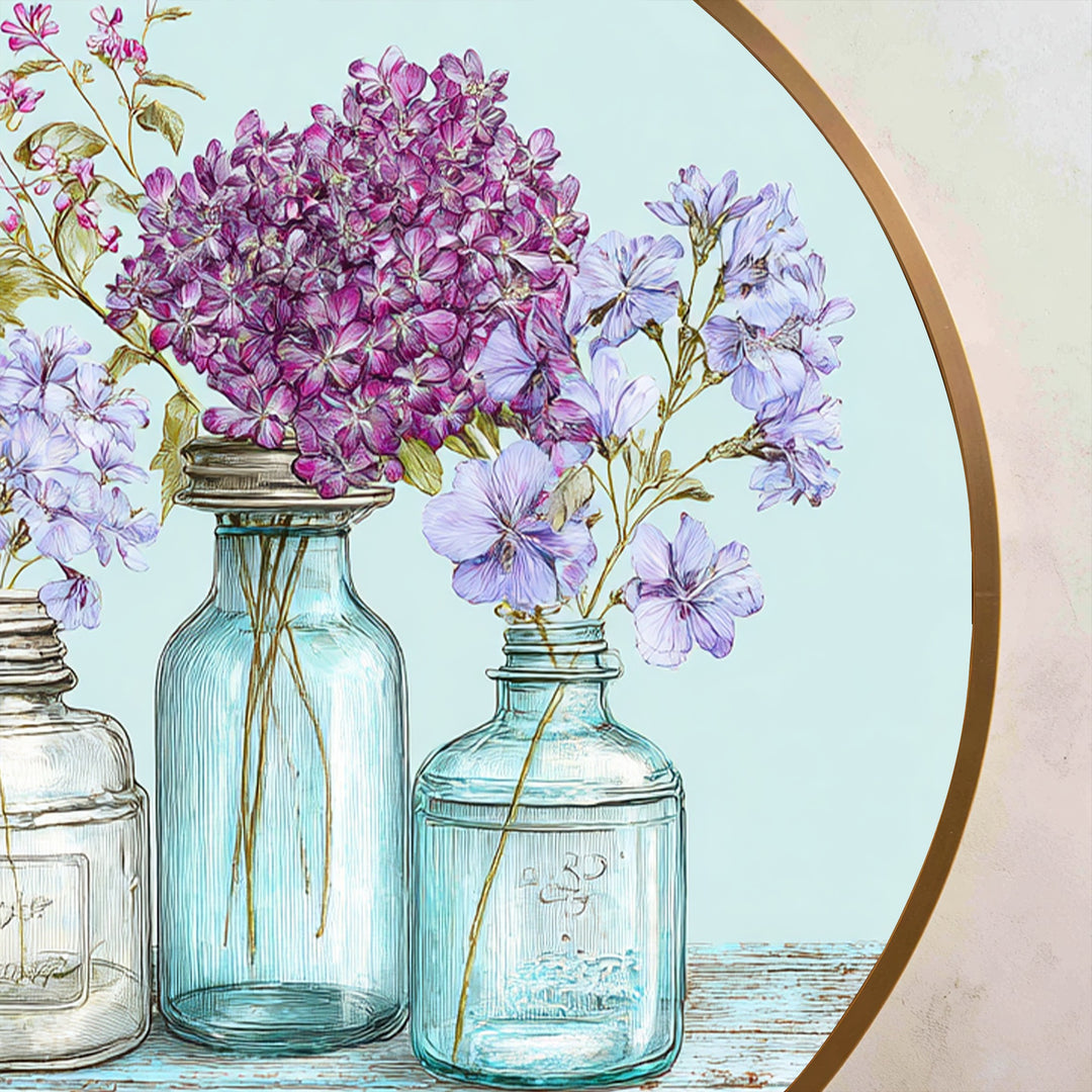 Pastel Wildflower Jars Round Oil Painting