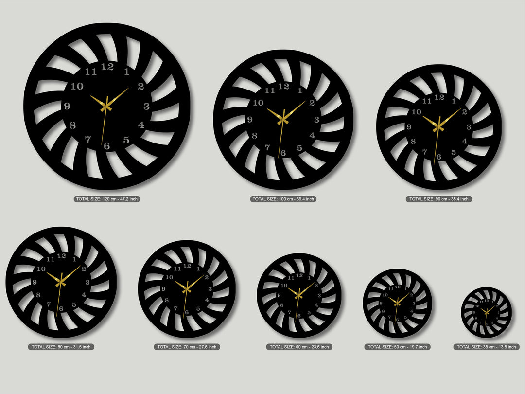 Multiple circular metal wall decor clocks in various sizes, all uniformly oriented with a striking spiral dynamic design.