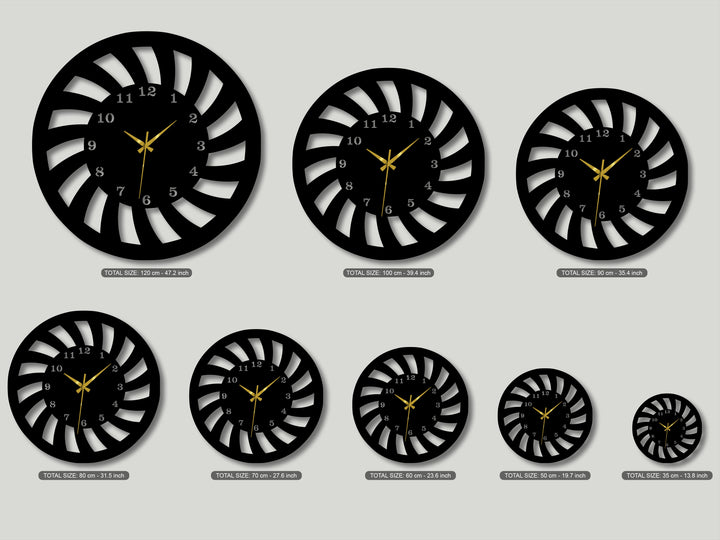 Multiple circular metal wall decor clocks in various sizes, all uniformly oriented with a striking spiral dynamic design.