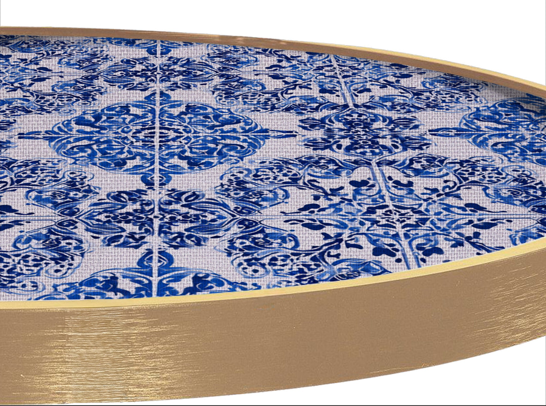 Impression sur toile ronde à motif de carreaux ornementaux bleus–Décoration murale style céramique classique