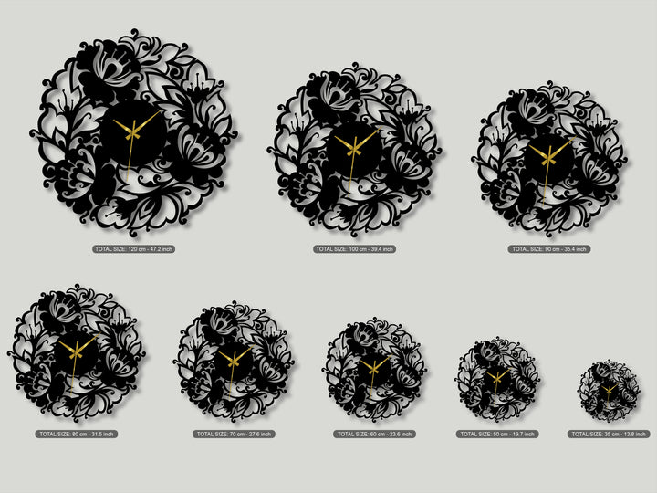 The most prominent element is the array of ornate floral wreath metal clocks in various sizes, showcasing elegant botanical decoration wall art.