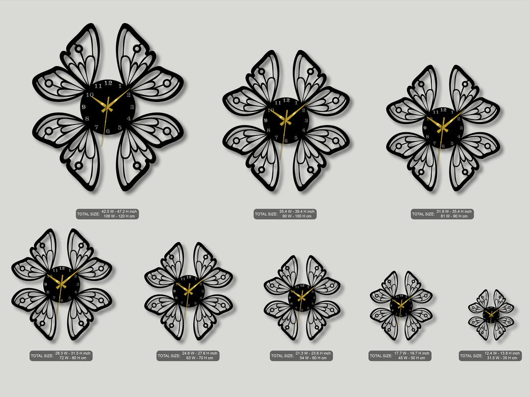 The crisp light gray background beautifully highlights various butterfly wings metal art for wall clocks, showcasing their decorative design.