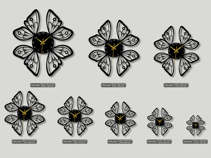 The crisp light gray background beautifully highlights various butterfly wings metal art for wall clocks, showcasing their decorative design.