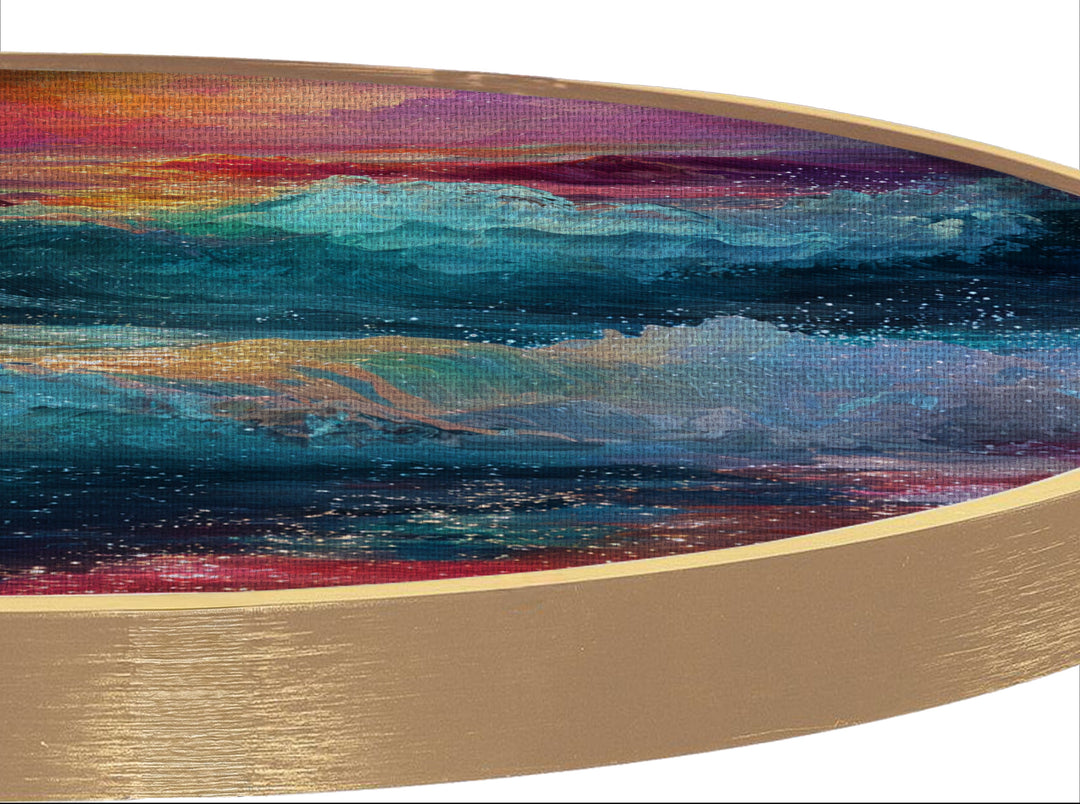 Impression sur toile ronde « Vagues au coucher du soleil éclatantes » –Décoration murale Océan coloré