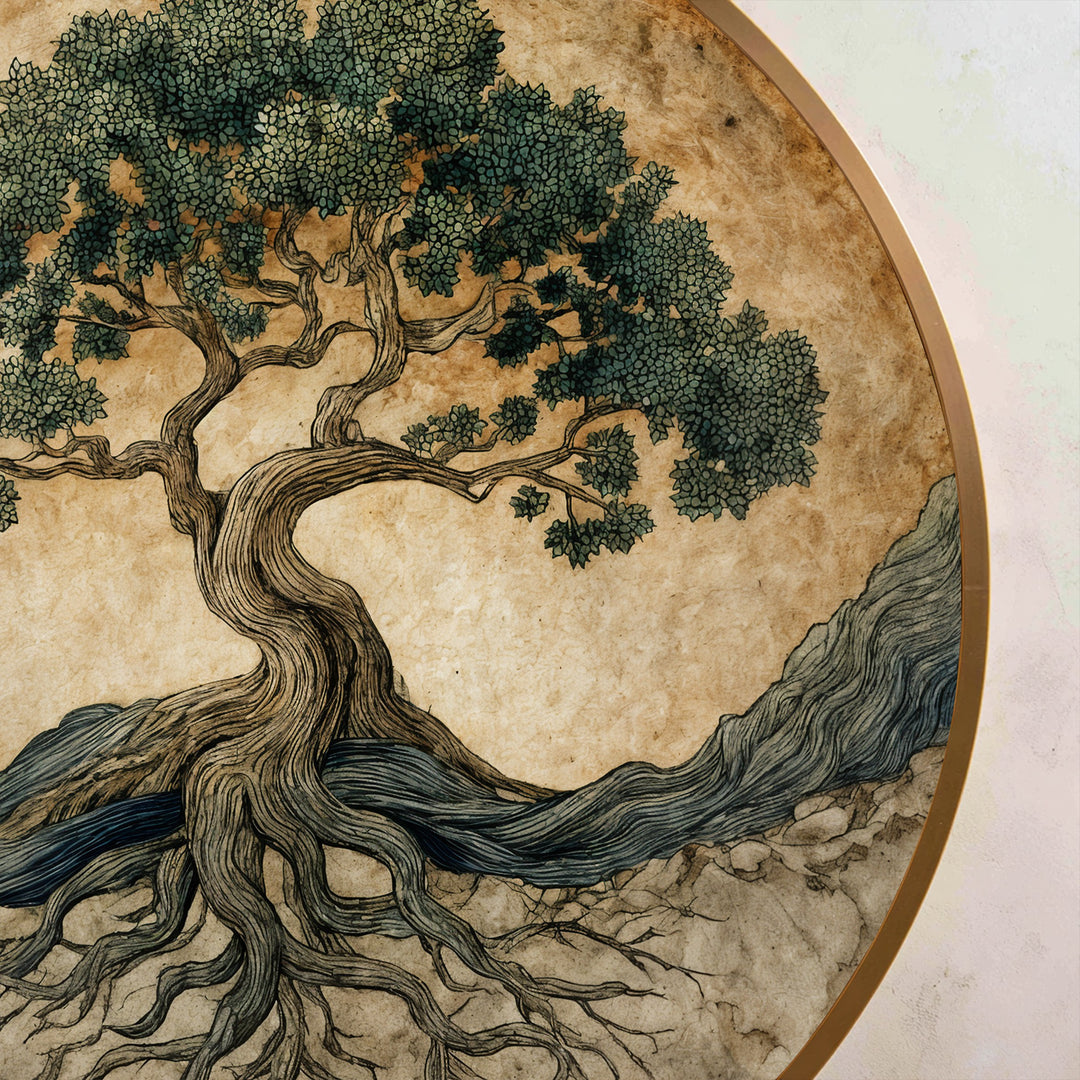 Raíces antiguas de la vida – Árbol simbólico redondo Cuadro al óleo