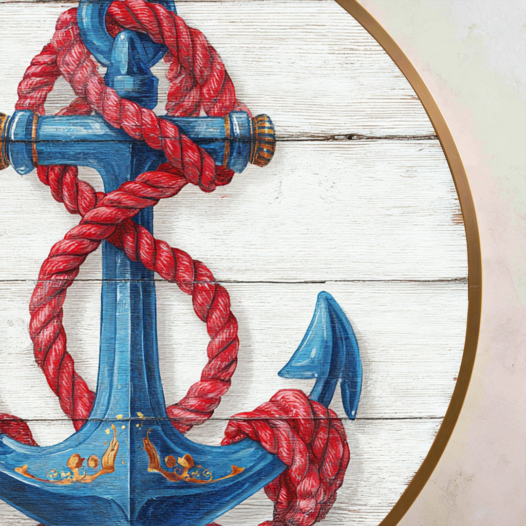 Nautical Anchor with Red Rope Round Oil Painting
