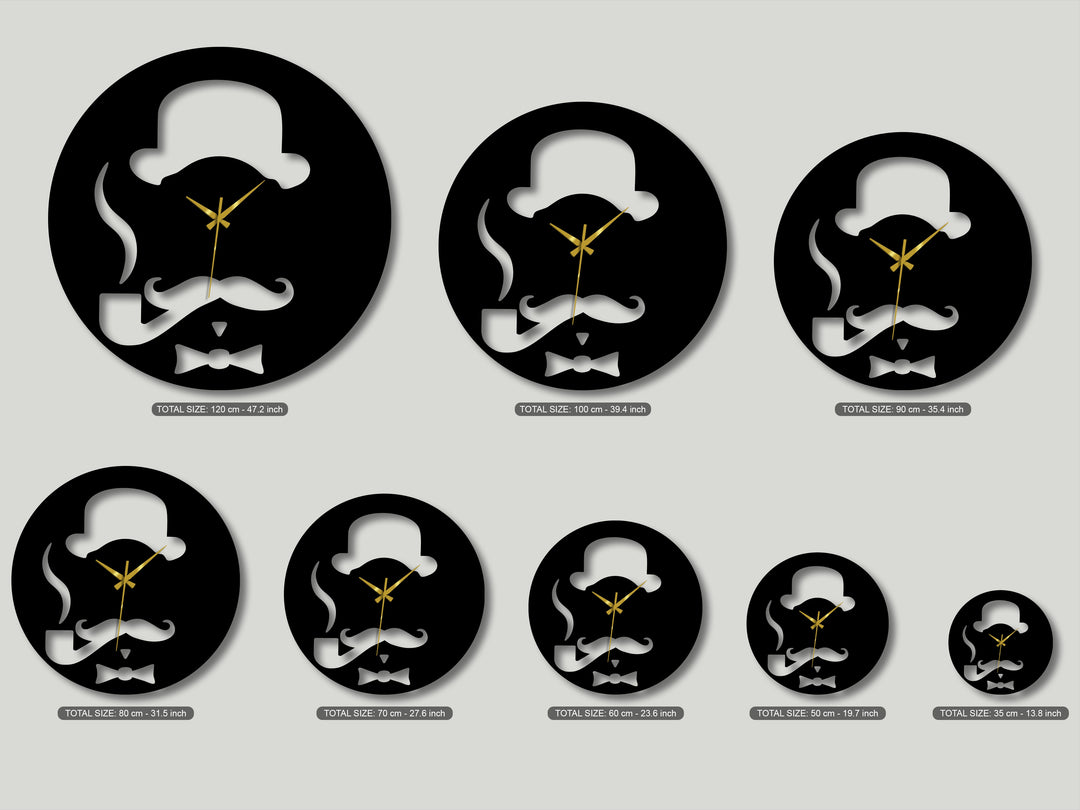 Several horizontally aligned circular metal wall decor clocks in graduating sizes feature a vintage gentleman's hat and pipe design.
