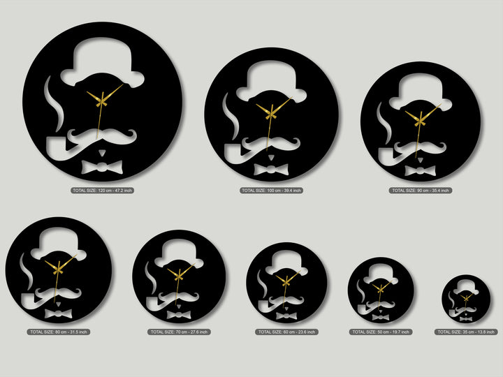 Several horizontally aligned circular metal wall decor clocks in graduating sizes feature a vintage gentleman's hat and pipe design.