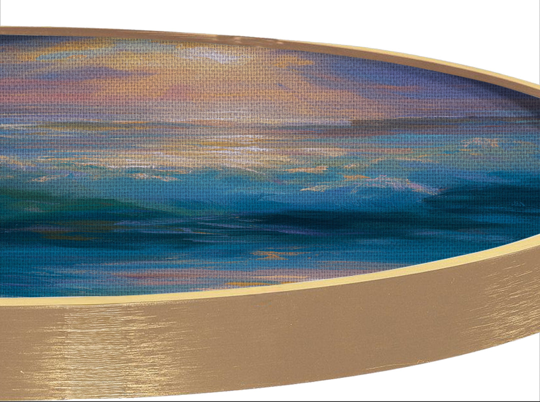 Golden Light Over Turquoise Waves Round Canvas Print – Serene Ocean Sunrise Wall Art