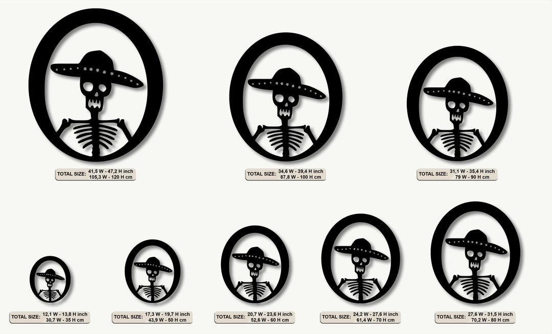 The stillness of the black sombrero skeleton metal wall art, precisely framed in a circle, offers compelling Day of the Dead decoration wall art.