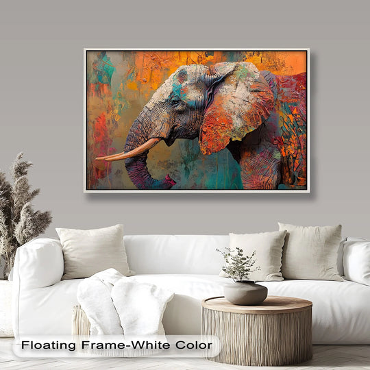 Bold hues draw the eye in this modern oil painting art showcasing a colorful elephant with a white floating frame, creating a captivating focal point.