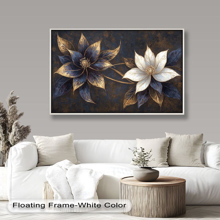 Blue Floral Stained Art – Botanical Oil Painting