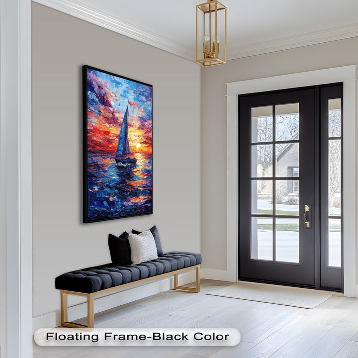 Crimson Horizon – Sunset Voyage Boat Oil Painting