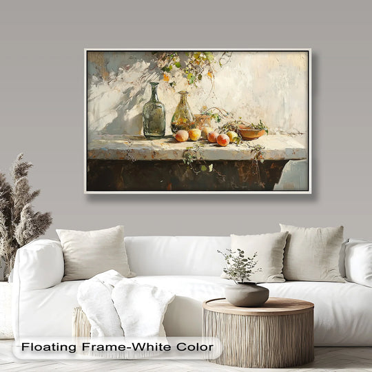 Light and shadow play across the vintage peach and bottle still life art, an oil painting reproduction print, accentuating its textured surface and rustic charm.