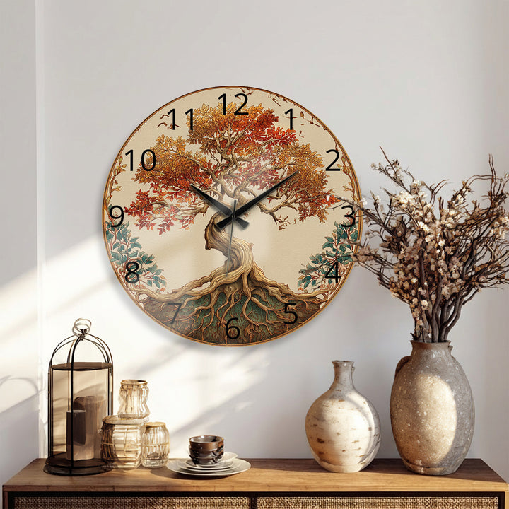 Autumn Tree of Life Glass Wall Clock – Rustic Fall Decor