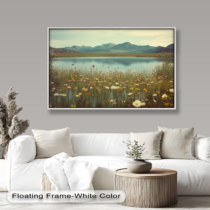 Butterfly Bloom by the Lake – Framed Oil Painting