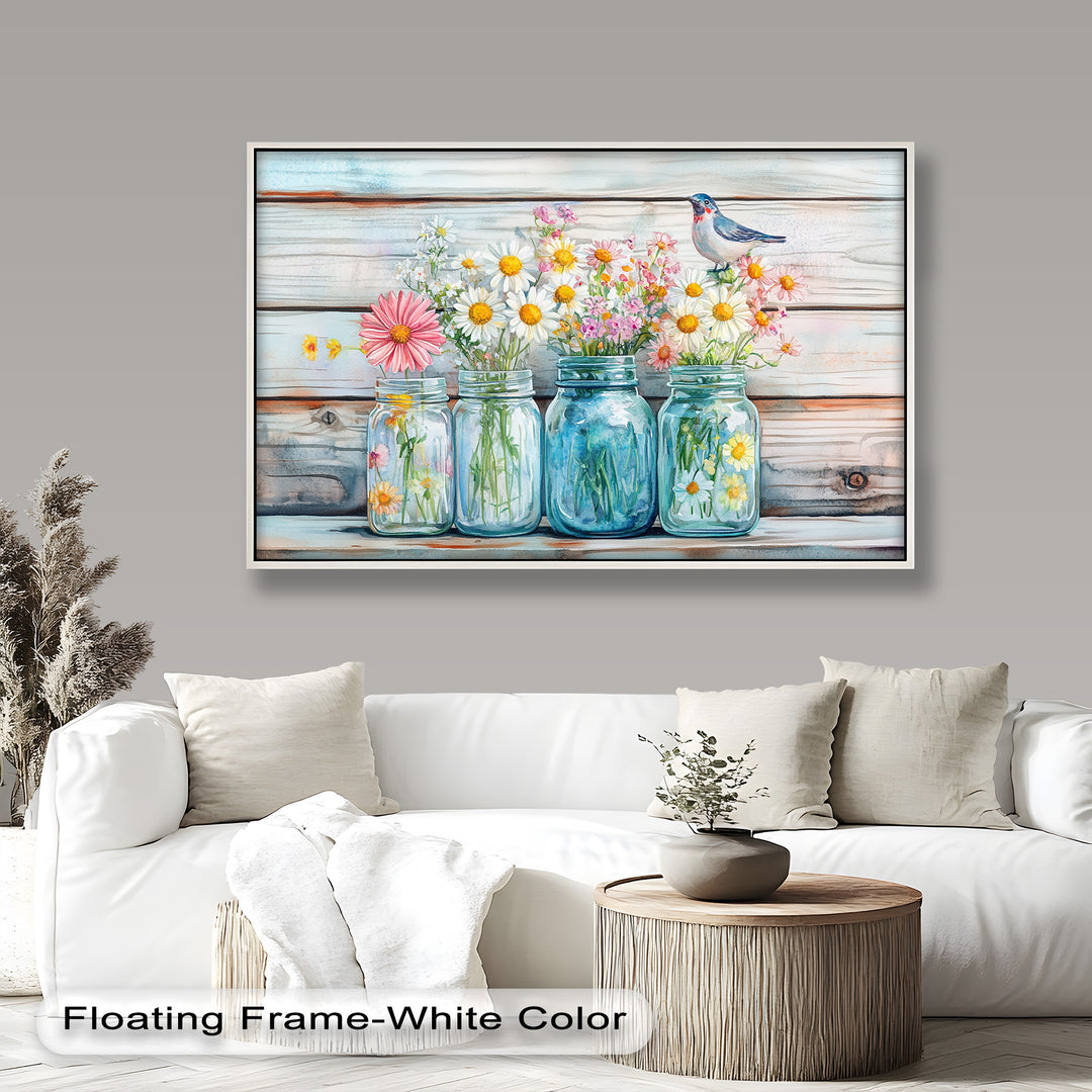 A charming still life painting features vibrant wildflowers arranged in rustic mason jars, with a delicate songbird perched gracefully on a bouquet against a wooden backdrop.
