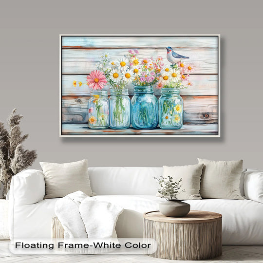 Rich surface texture is visible in this close-up of the 'Flower Jars' modern oil painting decoration, showcasing the artistry of mason jars and wildflowers against a wood backdrop.