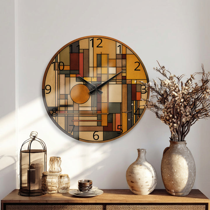 Art Deco Geometric Glass Wall Clock – Warm Retro Abstract Art