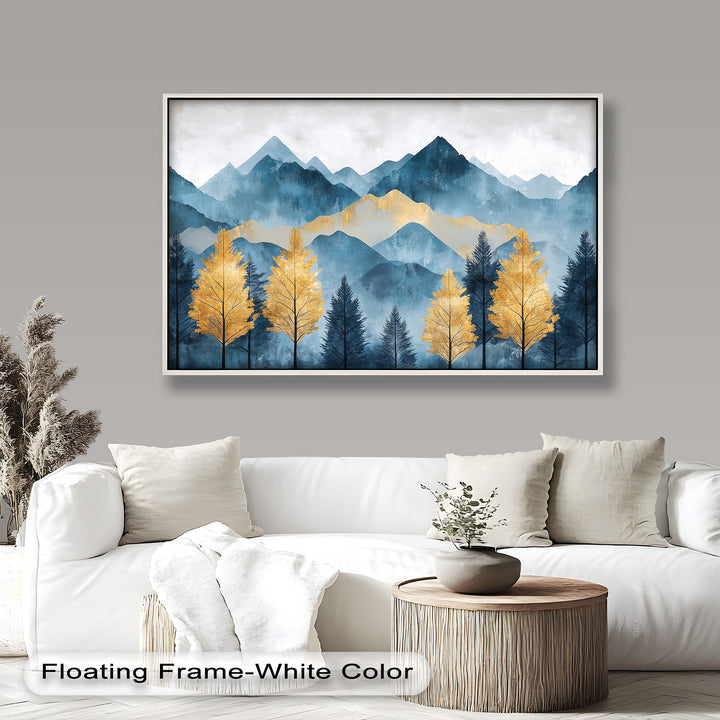 Blaue und goldene Aquarell-Berglandschaftskunst – Atemberaubende Ölgemälde