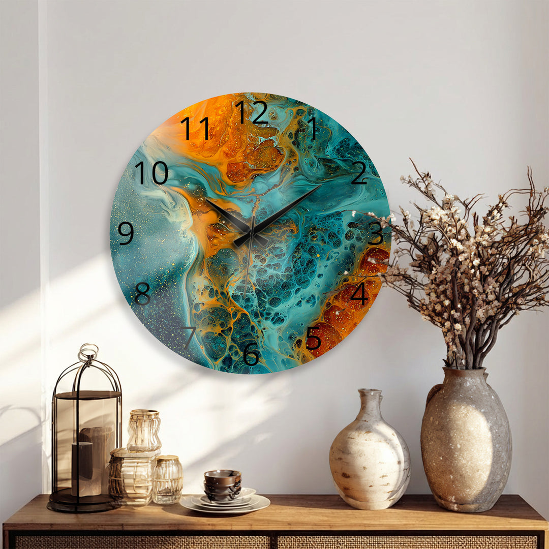 Fluid Art Glass Wall Clock – Teal and Gold Abstract Pour Decor