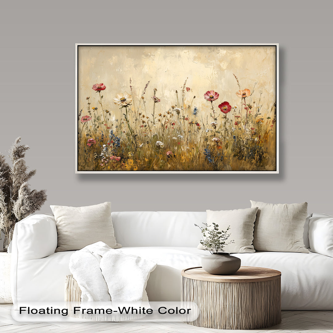A stunning wildflower meadow comes to life in this textured oil painting, where delicate blossoms in soft reds, yellows, and blues sway gently against a warm, earthy background.