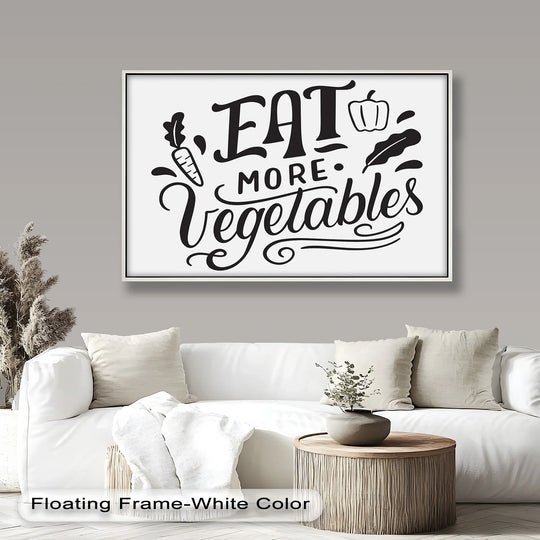 Softest cushions accent the 'Eat More Vegetables' modern oil painting art, offering a cozy contrast to the black and white print and adding warmth to the scene.