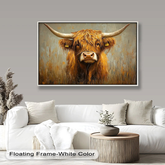 Earthy brown and tan dominate this highland cow animal oil painting decoration, showcasing a rustic portrait with striking horns and textured brushstrokes.