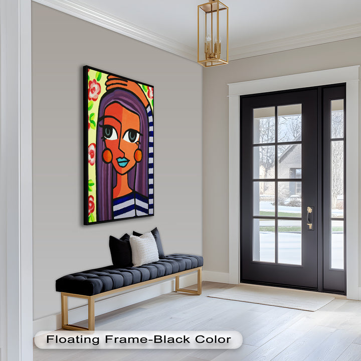 Striped Radiance – Playful Woman with Purple Hair Picasso Oil Painting