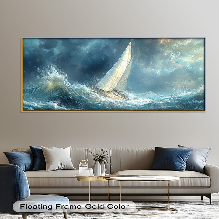 Into the Surge – Sailboat Battling Ocean Waves Oil Painting