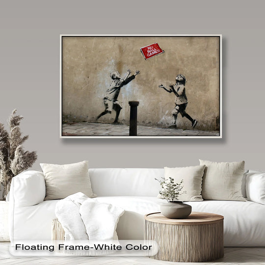 Finely crafted oil painting decoration highlights the textured canvas of the No Ball Games – Banksy Oil Painting, exhibiting high-quality artistry.
