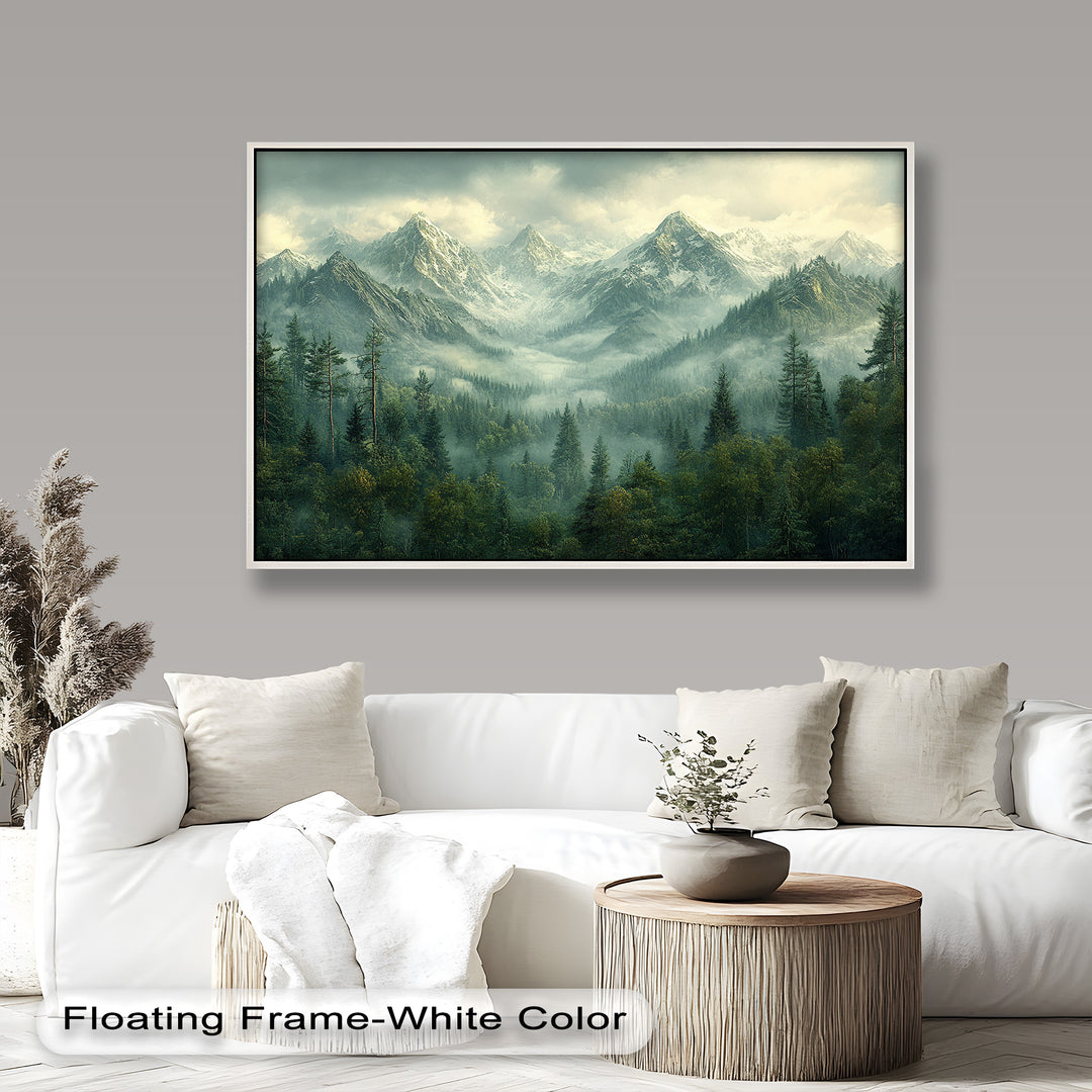 Mystic alpine scene with snow-capped peaks and misty forest valley.
